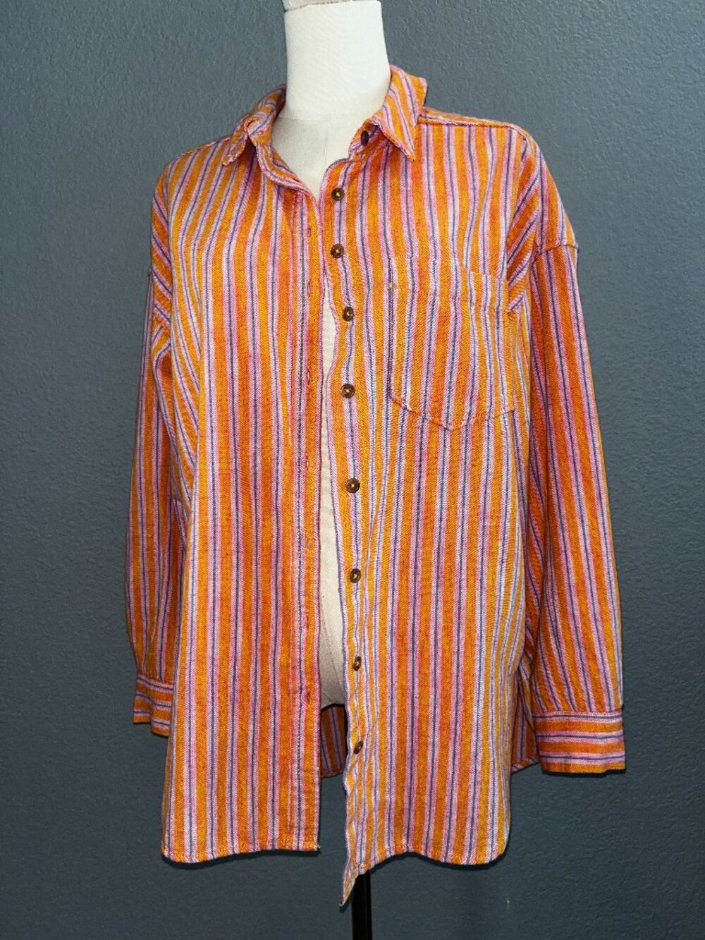 Anthropologie Pilcro Oxford Tunic Button Down Pink & Orange Striped Shirt Top S